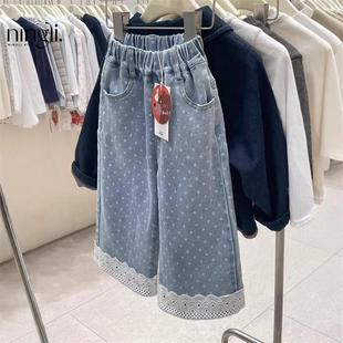 Ningli girls' super cute embroidered curling jeans 2-8 years old girls' Korean style western style straight pants all-match comfortable