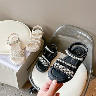 2024 Summer New Children's Fashion Sandals Girls Princess Shoes Girls Pearl Open Toe Sandals for Large Children