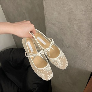 Gentle Evening Bow Ballet Shoes Women's 2025 New Fairy Hollow Mesh Lace Embroidered Shoes Single-layer Shoes