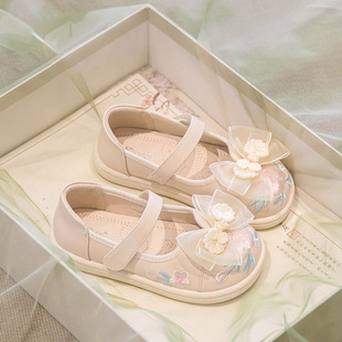 Girls' Princess Shoes 2024 Spring New Korean Style Girl's Leather Shoes Chinese Style Embroidered Antique Style with Hanfu Shoes