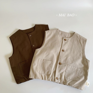 Maibao Children's Vest 2024 Autumn New Round Neck Outer Wear Vest Children's Retro Style All-match Top Cardigan