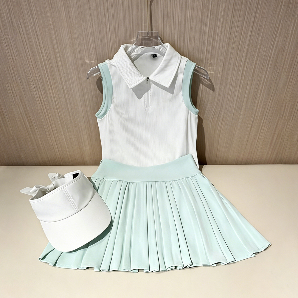 Summer New Women's Tennis Outfit, Sleeveless Zip-Up T-Shirt with a Turn-Down Collar, Slim Fit, Stylish, Quick-Dry Sports Set, Anti-Exposure