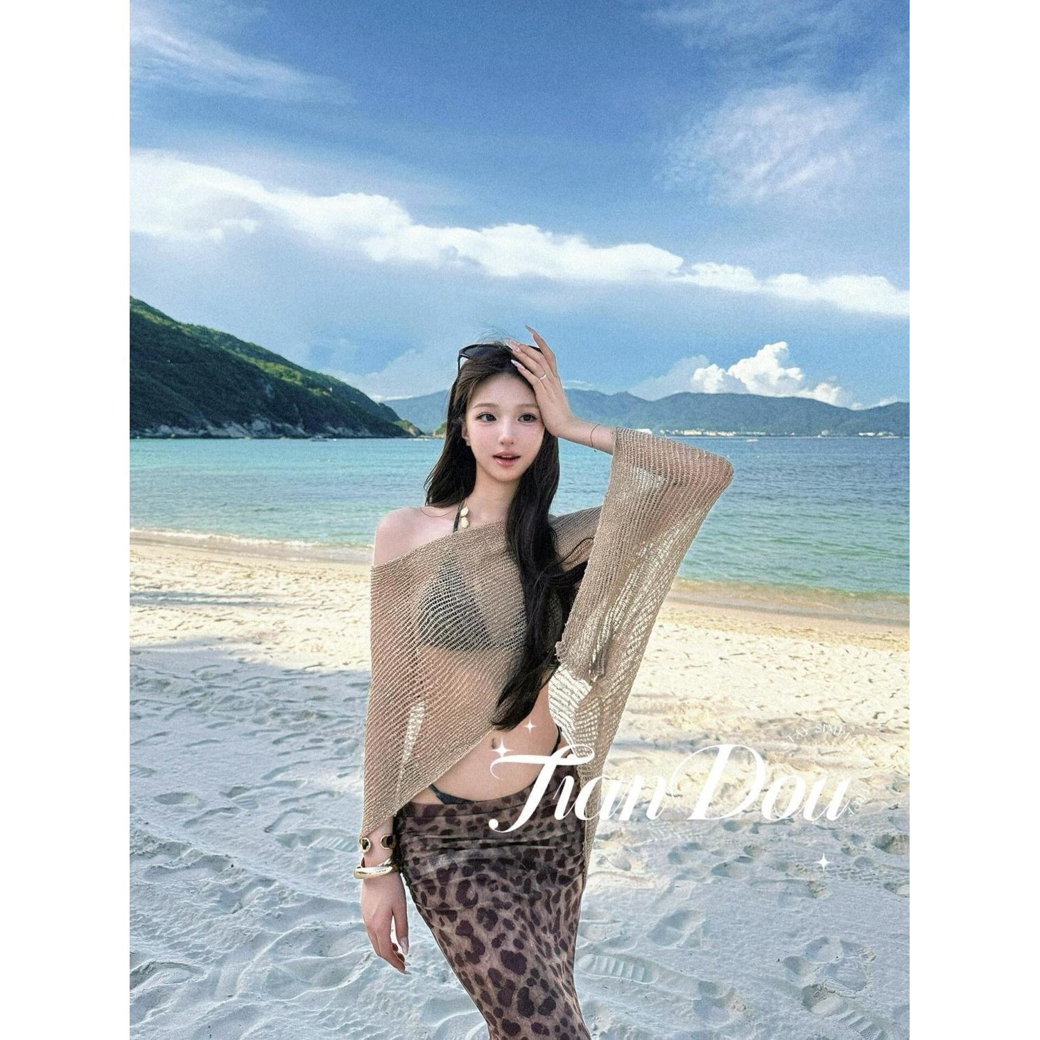[Old Money Style Outfits] High-End Vacation Vibe Cape Shawl Leopard Print Swimsuit Bikini Sexy Hot Girl Summer