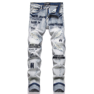 New Export Style Blue Ripped Letter Embroider Tight Elastic High Street Mid-Waist Men's Jeans Trendy 3836