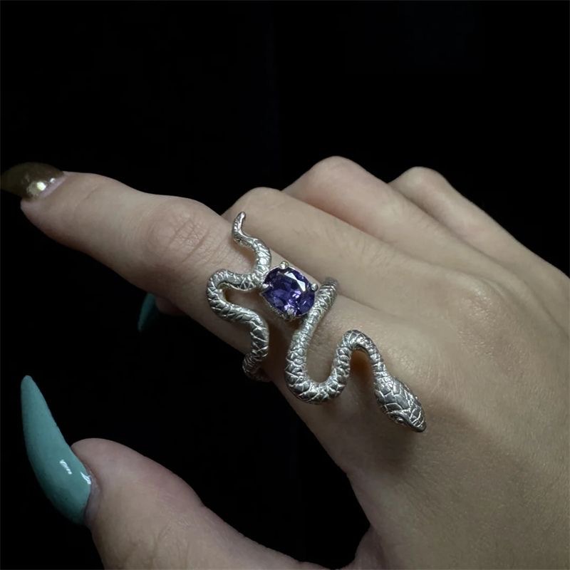 Amethyst Snake Winding Ring Simple Design Niche Unique Stylish Fashion Trendy Versatile Open Amethyst Snake