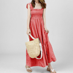 Cross-border Amazon 2025 Spring New Elegant Women's Commuter Collage Plaid Strap Strap dress