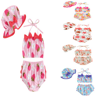 New Fashion Cross-border Amazon European and American Children's Printed Sling with Hat Bow Swimsuit