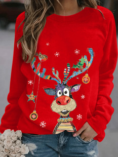 Cross-border New Christmas Women Loose Round Neck Christmas Series Printed Fresh and Sweet Raglan Long Sleeve T-shirt