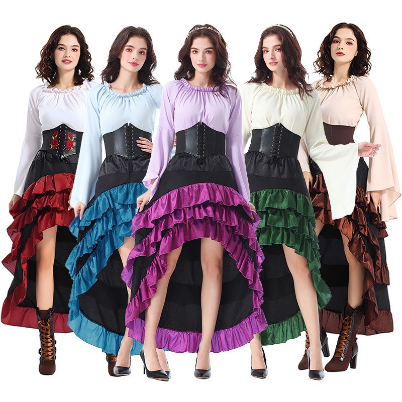 Foreign Trade Style Halloween Artistic Short-Front-Long-Back Ruffled Long Dress. Medieval Costume Pirate-Style Waist-Cinching Dress
