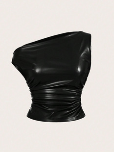 Amazon American Style Fashionable One-Shoulder Sexy Pure Lust Leather Waist-Cinching Sleeveless Slanted Shoulder Solid Color Top for Women
