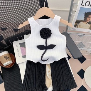 Girls Suit Summer 2024 Summer New Children's Sleeveless Vest Two-piece Set Baby Girl Wide Leg Pants Western Style Summer Clothes