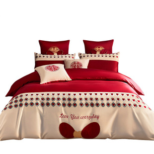 160 Xinjiang long-staple cotton embroidery wedding cotton four-piece set big red wedding quilt cotton wedding bedding 4
