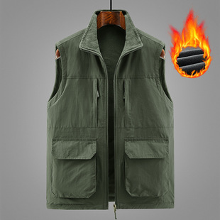 Autumn and Winter new men's multi-pocket fleece-lined warm vest casual vest middle-aged and elderly loose plus size vest