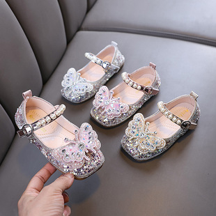 2025 Spring and Autumn New Lady Baby Girl Girl Princess Diamond Shoes Leather Shoes Dance Shoes