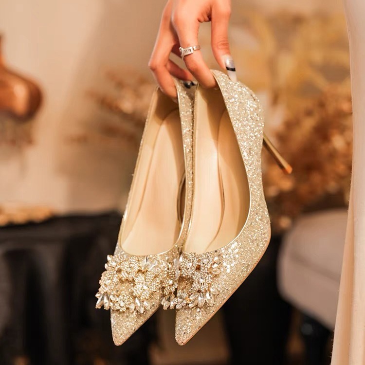 Wedding Shoes Xiuhe Wedding Dress Two-Wear Crystal Shoes Bridal Shoes Women's Champagne High Heels Not Tired Feet Rhinestone 2024 New
