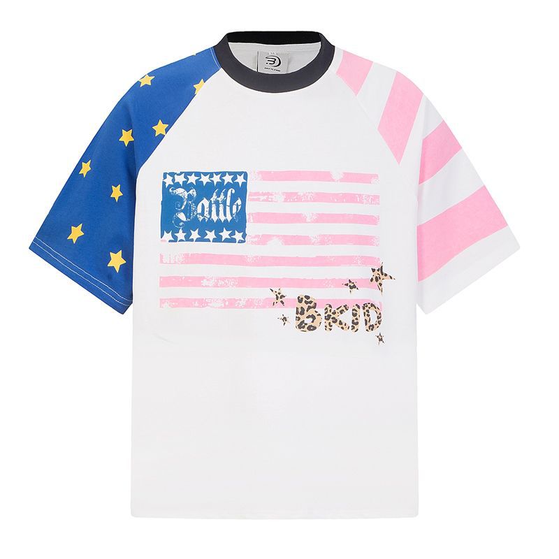 American-Style Color-Block Raglan Short-Sleeve T-Shirt for Women, Summer Trendy Brand, Loose Fit, College Style, Star Flag Print Half-Sleeve Top