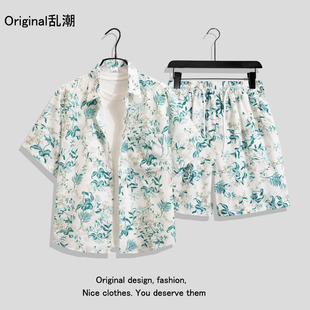 Hawaiian Style Shirt suit Men's Autumn Vacation Casual Ice Silk Fashionable Short Sleeve Shorts Seaside Beach Flower Shirt