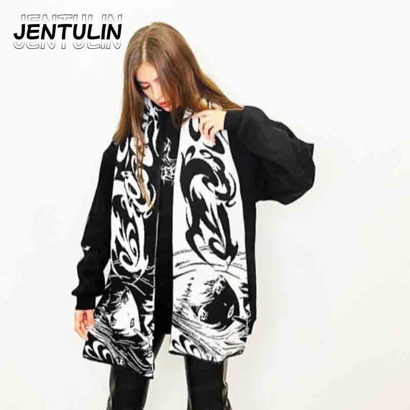 Two-Dimensional Girl Floral Script Scarf, Unisex, Black and White Contrasting Color, Gothic Thorn Font, Full of Anime Vibes