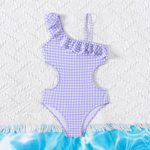 European and American Foreign trade cross-border children's swimsuit fashion oblique shoulder plaid ruffled girls' swimsuit