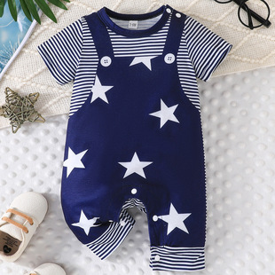 Summer New Striped Five-pointed Star Strap Printed Baby's Flat Horn Clothes Climbing Clothing Cross-border Factory Direct Supply