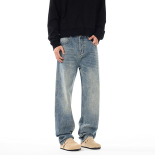 LKTM Men's Wear# National Fashion Retro Blue Washed Cat Whiskers Straight Jeans Men's and Women's cleanfit All-match Long Pants