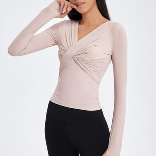 Autumn and winter New Cross pleated V-neck sports top long sleeve tight nude yoga clothes running sports fitness clothes