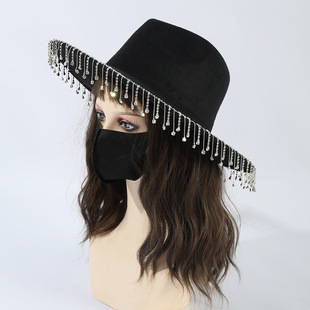 Cross-border new rhinestone chain pendant fashion European and American big brim Hat Black western rock stage men and women carnival hat