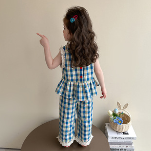Girl's Summer Plaid suit 2025 New Korean Style Summer Clothes Baby's Summer Western Style Trousers Two-Piece Set