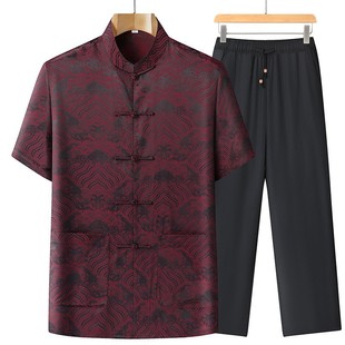 New Jacquard Tang Dress Chinese Style Summer Men's suit plus size Middle-aged and Elderly Loose Short-sleeved Silk Dad Summer Dress