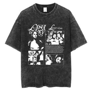 90's singer Lana Del Rey washed T-shirt Harajuku men's retro distressed short sleeve plus size cotton trendy t