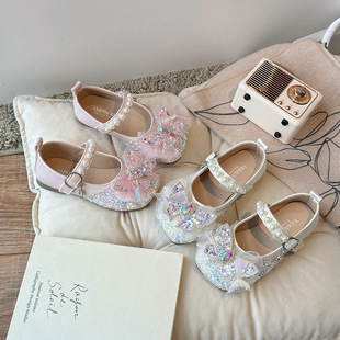 2025 children's small leather shoes women's shoes spring new girls soft bottom rhinestone single-layer shoes princess children's performance shoes