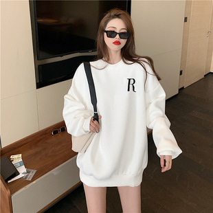 Autumn and Winter Fashion fleece-lined Thickened Sweatshirt Fried Street High-end Sense Loose Slimming Sweatshirt Elegant Trendy Cool Outer Wear Top for Women