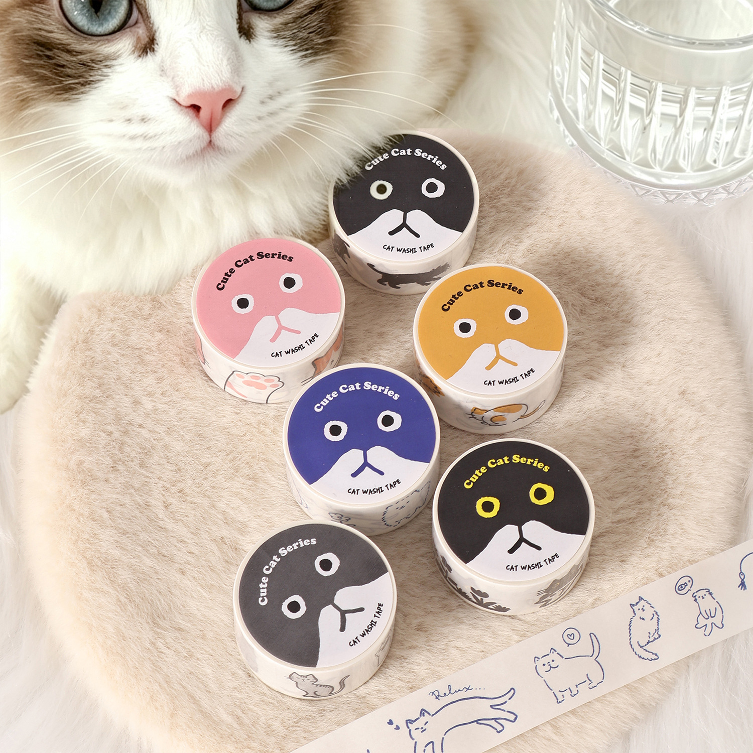 Dream Dance Tape Cute Cat Series Soft Adorable Cat Journal Collage Decoration Material Reusable Stickers 6 Designs to Choose from