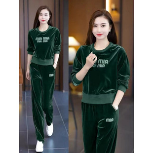 2024 autumn and winter new fashion foreign style loose two-piece crew neck pullover slimming sports casual velvet suit