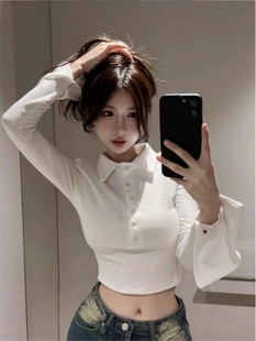 Threaded Polo Collar Shoulder T-Shirt Women's Spring and Autumn Korean Style Slim-fit Hot Girl Design Sense Niche Inner Short Top
