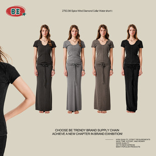 BE Women Summer 2025 европейская и американская чистая горячая девушка тонкая и тонкая кардашская топ с глубоким U-образным вырезом с короткими рукавами футболка женская