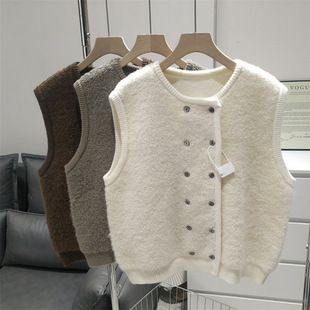 Autumn and Winter Vintage Loop Yarn Double-breasted Thick Stacked Wool Knitted Vest Loose Warm Sleeveless Cardigan Women's Vest