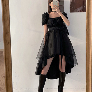 2024 new summer Hepburn style square collar large swing irregular fairy skirt French bubble short sleeve dress women