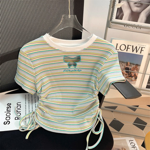 Striped Hollow Butterfly Shoulder Short-sleeved T-shirt Women's Slim-fit Drawstring High Waist Navel Hot Girls Pure Cotton Short Top for Summer