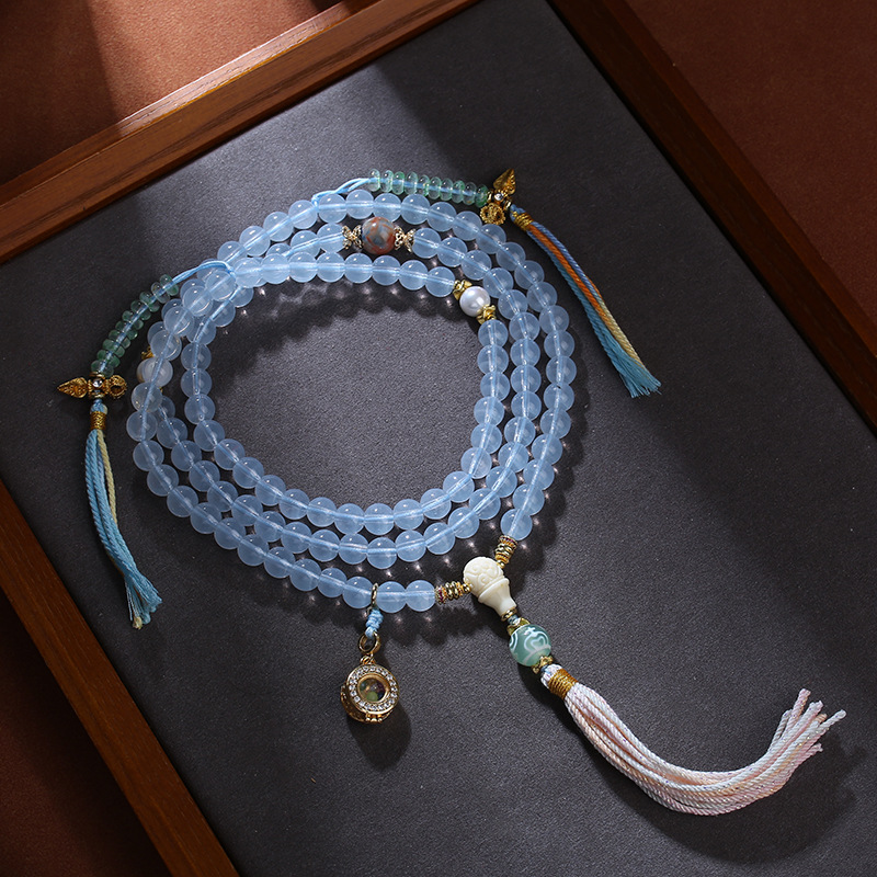 Xizang-Style Blue Glass Beads 108-Piece Chinese-Style Prayer Beads, New Chinese-Style Elegant and Simple Necklace, Multi-Circle Bracelet, Unisex Accessory