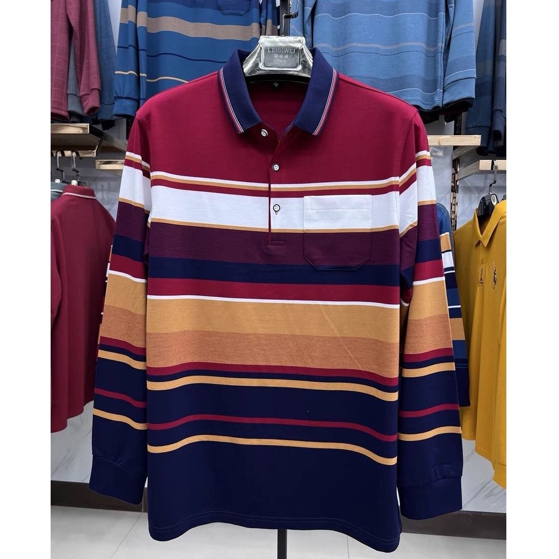 Men's middle-aged pure cotton long-sleeve polo collar t-shirt, loose-fitting base shirt, casual with real pocket, Zhenqianqi