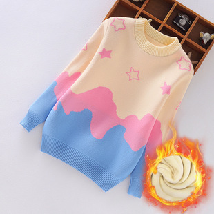 Autumn and winter New girls' fleece-lined thickened children's clothing round neck sweater medium and large children's color matching girls' shirt pure cotton fashion