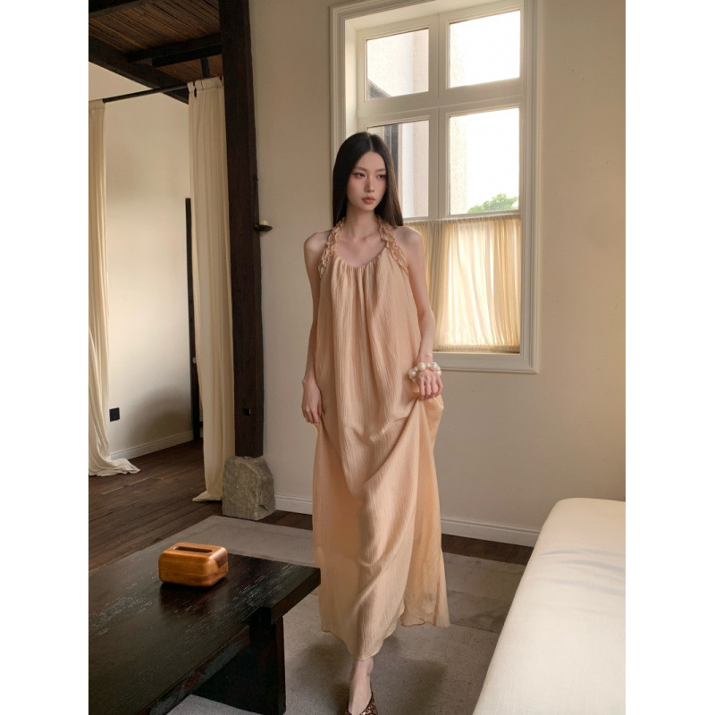 Greek-Style Romantic Lace Halter Dress for Women, 2026 Summer Luxury Off-Shoulder Vacation Style Halter Neck Long Dress