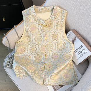 New New Chinese Ice Cream Brocade Brocade Brocade Flower Round Neck Buckle National Style Improved Top Vest Europe and America