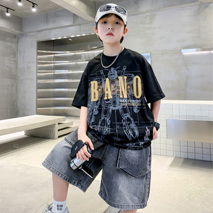 Boys Black Cartoon Short-sleeved T-shirt 2025 New Fashionable Children's Summer Wear Big Children's T-shirt Top Summer Thin