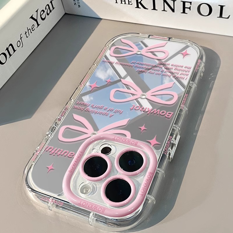 Pink bow for iPhone 17, Apple 16 Pro Max mirror cream 15 creative 14/13