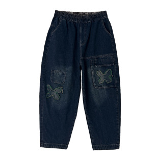 2024 Autumn plus size Loose Casual Staggered Waist Fashion Wide Leg Butterfly Embroidered Harlan Dad Jeans Women