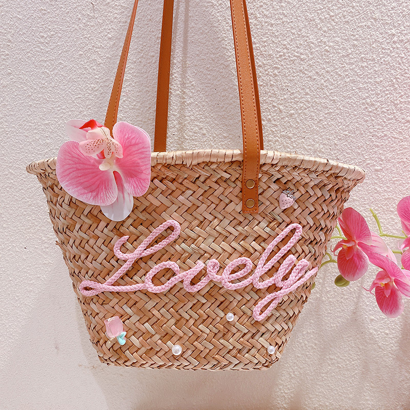 HD3469 Customizable with initials and names, perfect for gifting, vacation, straw or rattan bag, girly style orchid and rose handbag.
