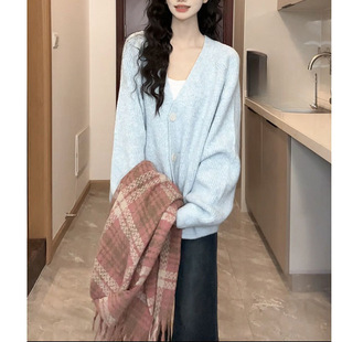 Blue Lazy Style Knitted Cardigan Sweater Women's Coat Spring Korean Style Loose V-neck Niche All-match Top