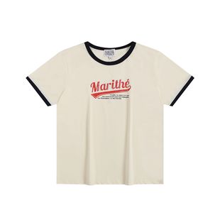 Korean Niche Trendy Brand marithe New Color Letter Contrasting Simple Round Neck Printed T-shirt Short-sleeved T-shirt for Women
